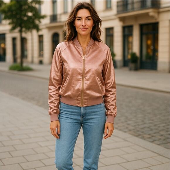 Tone It Up Rose Gold Satin Bomber Jacket Size Small - Picture 1 of 8
